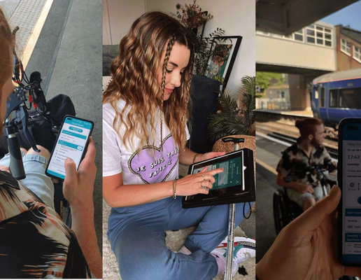 A woman in jeans and a t-shirt, sitting cross-legged, holding a computer tablet using the Passenger Assistance app. A woman in jeans and a t-shirt, sitting cross-legged, holding a computer tablet using the Passenger Assistance app.