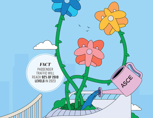 The front page of the June 2023 issue of Passenger Terminal World magazine, featuring a cartoon illustration of a pot of blue, red and yellow flowers, being watered by a pink floating water can with the letters ASCE inlayed, set against a light blue background. The front page of the June 2023 issue of Passenger Terminal World magazine, featuring a cartoon illustration of a pot of blue, red and yellow flowers, being watered by a pink floating water can with the letters ASCE inlayed, set against a light blue background.